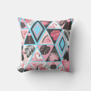 Patchwork tropical flamingo, palm pattern. cushion