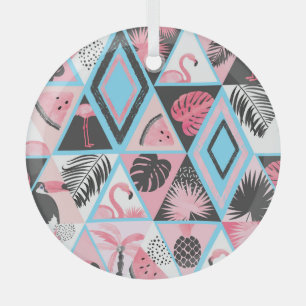 Patchwork tropical flamingo, palm pattern. glass tree decoration