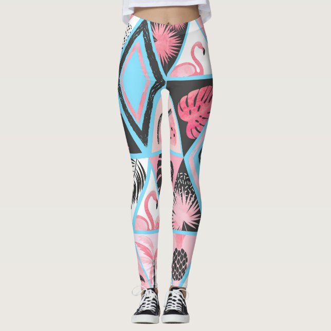 Patchwork tropical flamingo, palm pattern. leggings (Front)