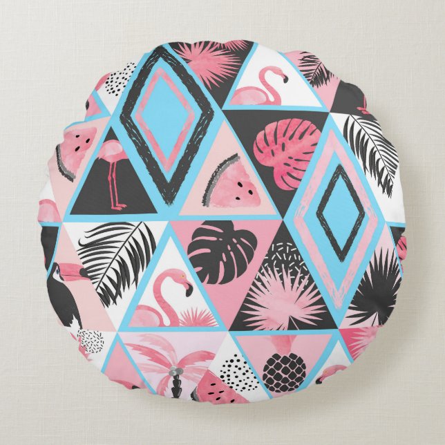 Patchwork tropical flamingo, palm pattern. round cushion (Front)