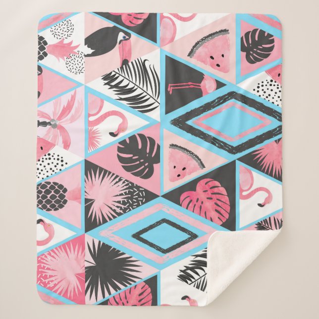 Patchwork tropical flamingo, palm pattern. sherpa blanket (Front)