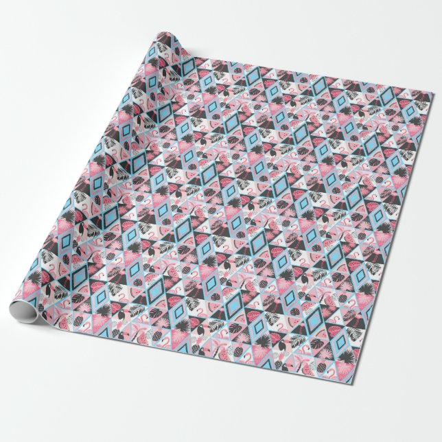 Patchwork tropical flamingo, palm pattern. wrapping paper (Unrolled)