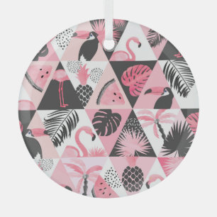 Patchwork Tropical: Flamingo Watermelon Seamless. Glass Tree Decoration