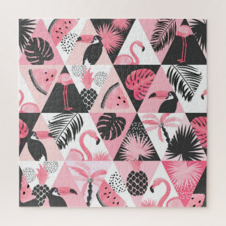Patchwork Tropical: Flamingo Watermelon Seamless. Jigsaw Puzzle