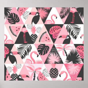 Patchwork Tropical: Flamingo Watermelon Seamless. Poster
