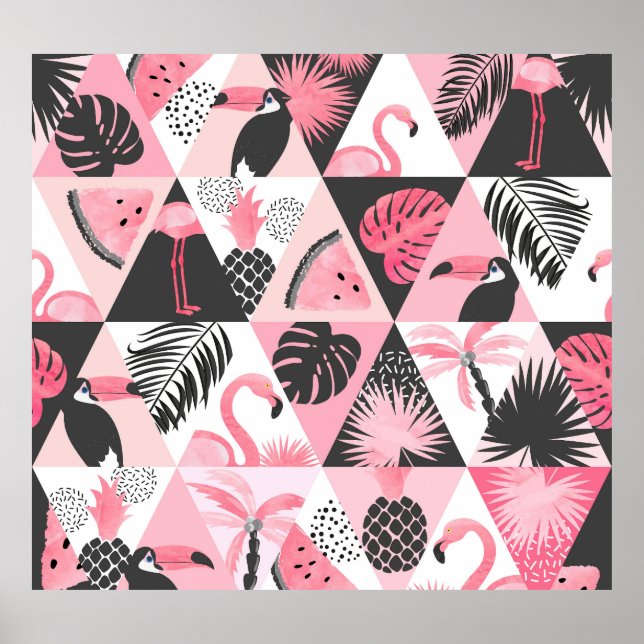 Patchwork Tropical: Flamingo Watermelon Seamless. Poster (Front)