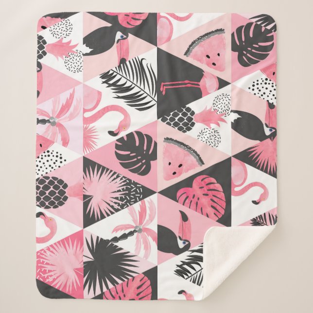 Patchwork Tropical: Flamingo Watermelon Seamless. Sherpa Blanket (Front)