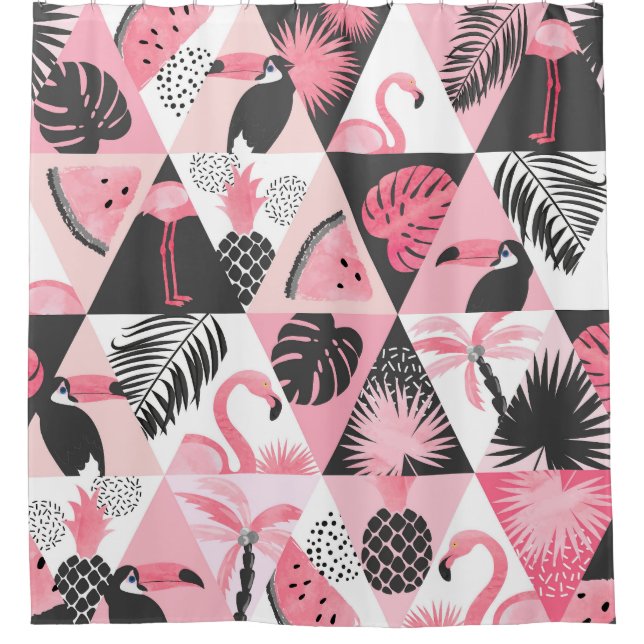 Patchwork Tropical: Flamingo Watermelon Seamless. Shower Curtain (Front)