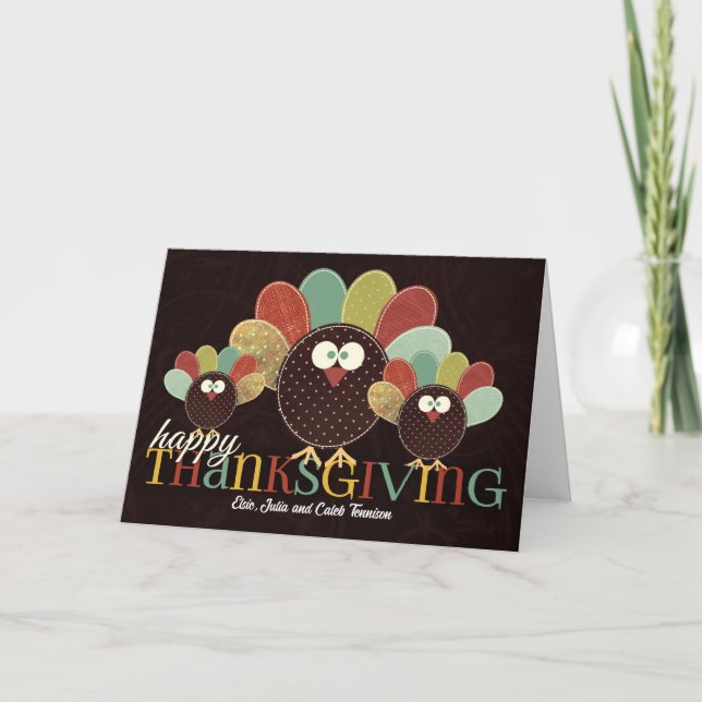 Patchwork Turkey Family for Thanksgiving Holiday Card (Front)