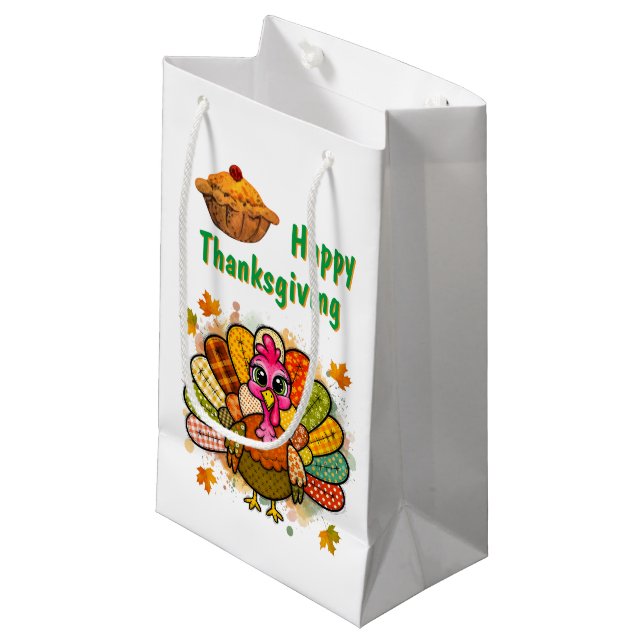 Patchwork Turkey Thanksgiving Small Gift Bag (Front Angled)