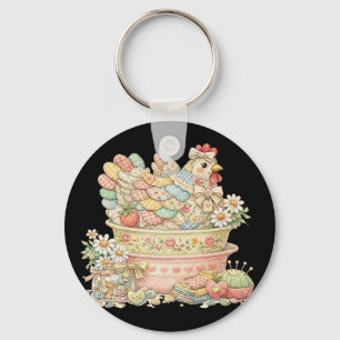 Patchwork Vintage Hen, Quilted Chicken Pyrex _1 Key Ring