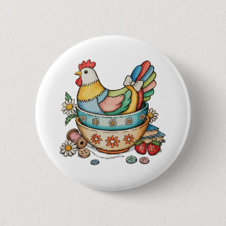 Patchwork Vintage Hen Quilted Chicken Thrifty 6 Cm Round Badge
