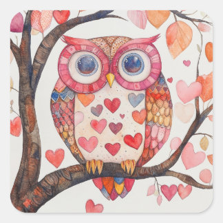 Patchwork Watercolor Owl Valentine Card Square Sticker