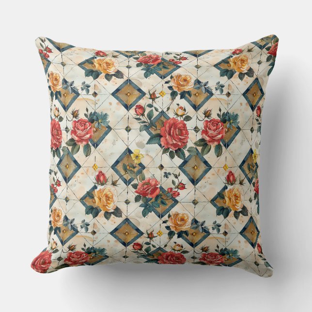 Patchwork watercolor roses, chequered, polka dots, cushion (Front)