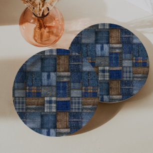 Patchwork Western Denim Bear Blue Jean Baby Shower Paper Plate