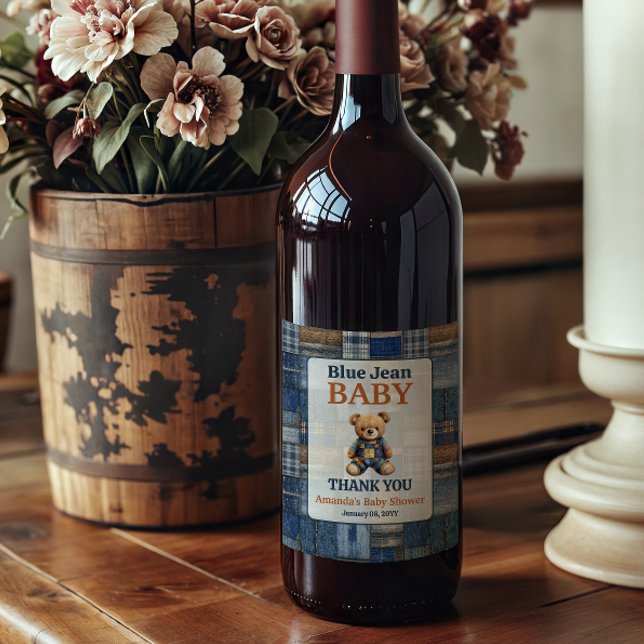 Patchwork Western Denim Bear Blue Jean Baby Shower Wine Label (Creator Uploaded)