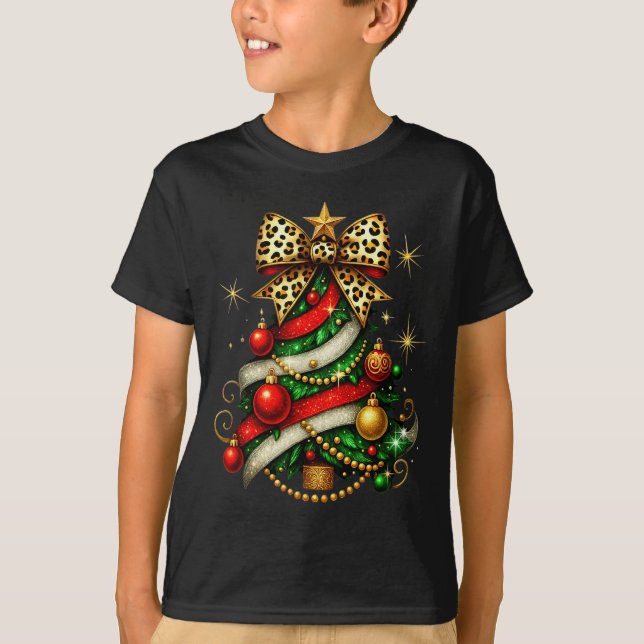 Patchwork Xmas Merry Christmas Tree Coquette Leopa T-Shirt (Front)