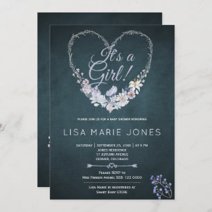 Patel blooms heart wreath navy blue baby shower invitation