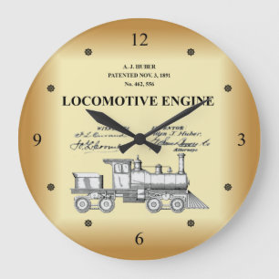 Patent Drawing ~ A.J. Huber ~ Locomotive Engine ~ Large Clock