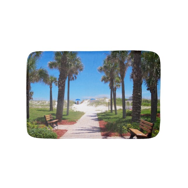 Path to the beach and palm trees on a bath mat (Front)