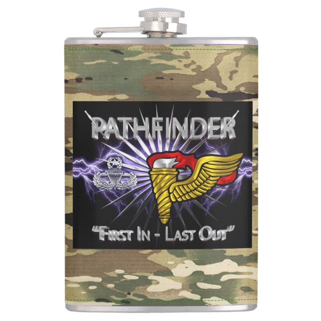 Pathfinder Badge-“First In Last Out” Camo Hip Flask (Front)