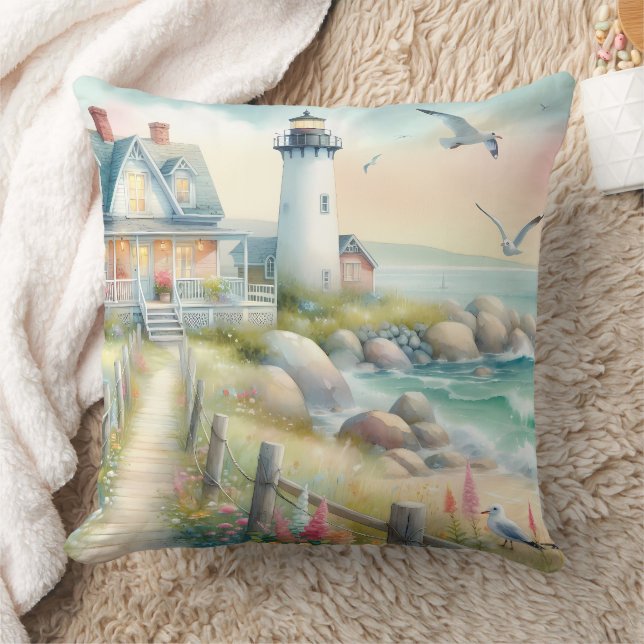 Pathway to the Lighthouse Coastal Cottage Cushion (Blanket)