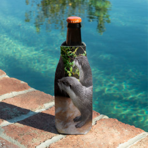 **"Patience by the Water: Two Little Grey Otters Bottle Cooler
