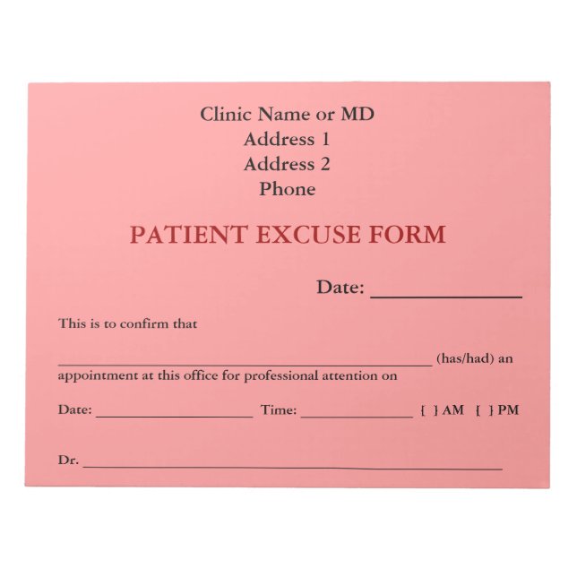 Patient Excuse Form Notepad (Pink) (Front)