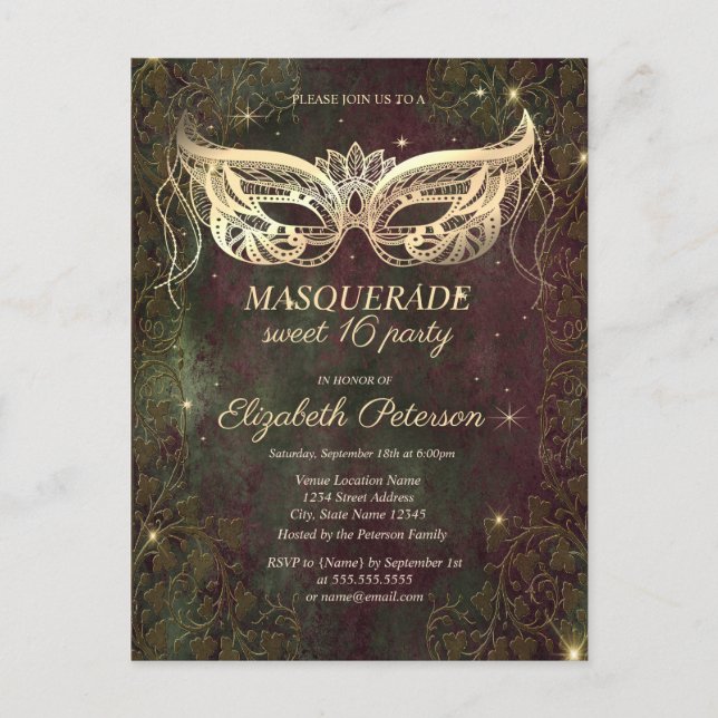 Patina Copper Gold Masque Sweet 16 Invitation Postcard (Front)