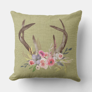 Patio Pillow Deer Antlers and Wildflowers Design