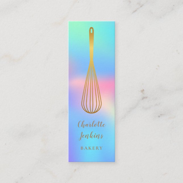 Patisserie Chef Rainbow Holographic Gold Whisk Mini Business Card (Front)