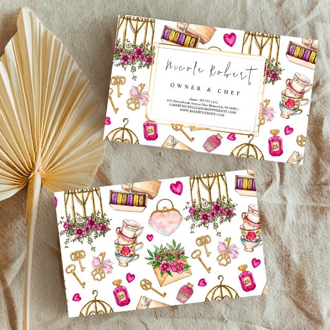 Patisserie Pastry Chef Macaron Dessert floral  Business Card (Creator Uploaded)