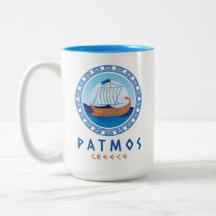Patmos, Greece Greek Ship Design Two-Tone Coffee Mug