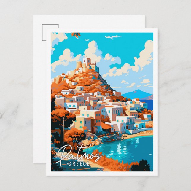 Patmos Greece vintage travel illustration Postcard (Front/Back)