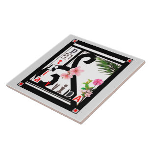 Patria y Vida Black Frame Pink Flowers Ceramic Tile