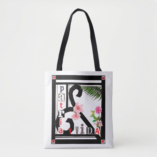 Patria y Vida Black Frame Pink Flowers Tote Bag (Front)