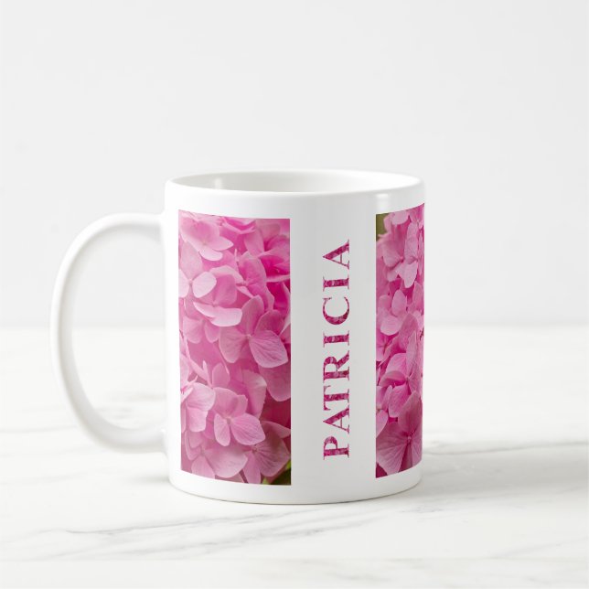 "Patricia" Name and Pink Spring Hydrangea Flower Coffee Mug (Left)