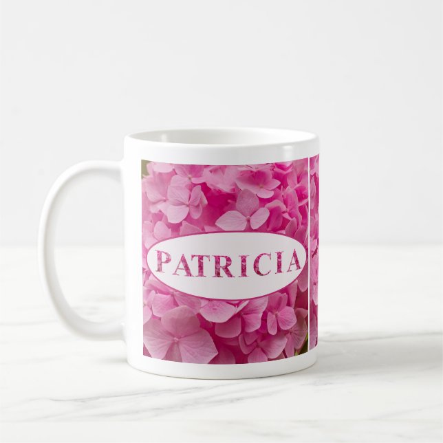 "Patricia" Name in Pink Hydrangea Floral Lettering Coffee Mug (Left)