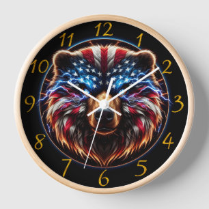 Patriot Bear With Flag Crown Clock