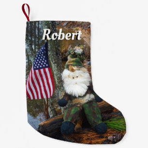 Patriot Camouflage Santa w American Flag Small Christmas Stocking