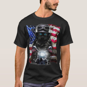 Patriot Fluffy Black Cat on Motorcycle with Flag o T-Shirt