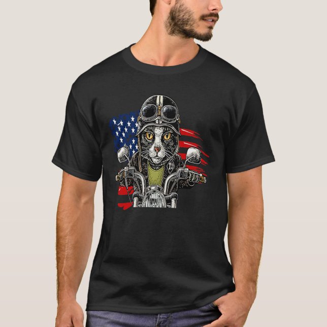 Patriot Fluffy Black Cat on Motorcycle with Flag o T-Shirt (Front)
