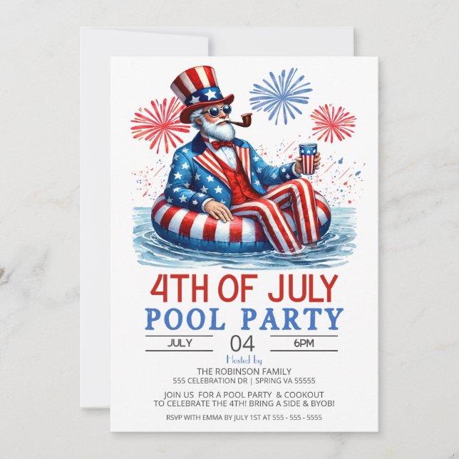 Patriot red white and blue 4th of July Pool Party Invitation (Front)