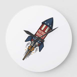 Patriot Rocket 4th of July Vintage Fireworks Desig Large Clock