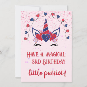 Patriot unicorn sparkle birthday card, invitation