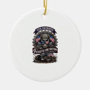 Patriotic 1776 Off Road Skull Monster Truck Heavy Ceramic Ornament