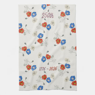 Patriotic 250th red white & blue 1776-2026 poppy tea towel