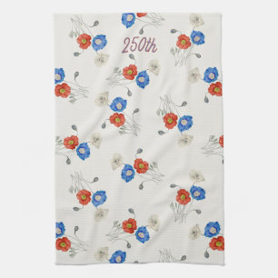 Patriotic 250th red white & blue watercolor poppy tea towel