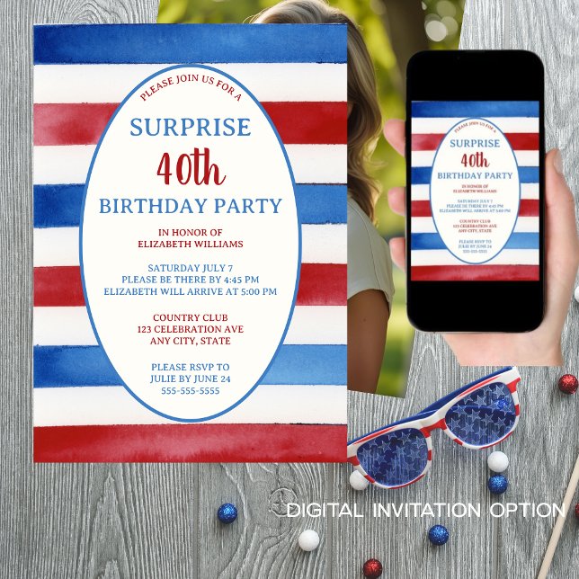 Patriotic 40th Red White Blue Surprise Birthday  Invitation (Creator Uploaded)