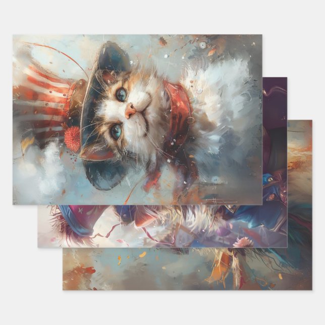 Patriotic 4th July Cats Decoupage   Wrapping Paper Sheet (Set)